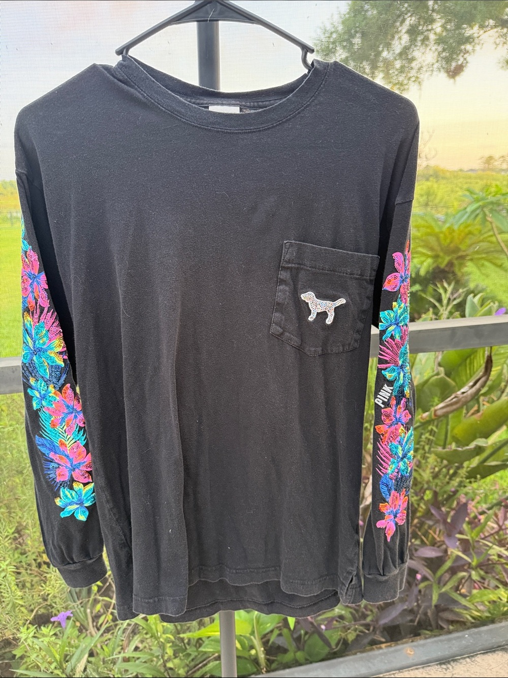 PINK Victoria's Secret Black Long Sleeve Tee with sequin Floral hibiscus Sleeves
